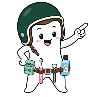 OrisCura mascot in dental-hygiene gear, pointing